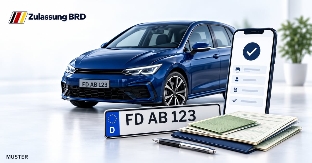 Online Fahrzeugzulassung in Großenlüder: Musterkennzeichen FD AB 123, Auto und Fahrzeugpapiere und Smartphone. Illustration mit Logo von Zulassung BRD.